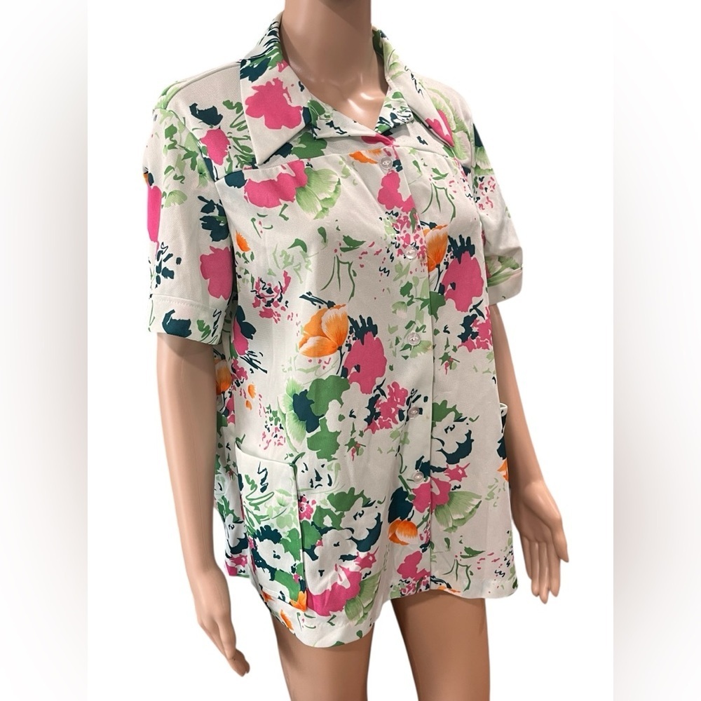 Artists poly floral 60βs tunic top -XL vintage - Picture 5 of 8